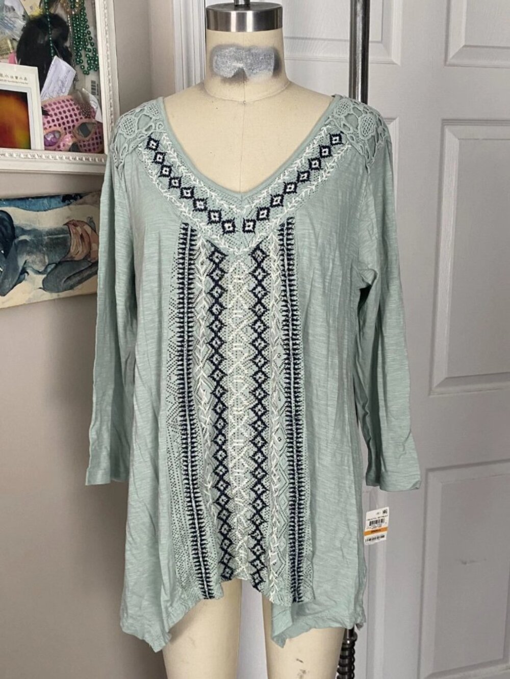 STYLE & Co. Green Cotton Embroidered BOHEMIAN Tunic shirt *X-SMALL* B205